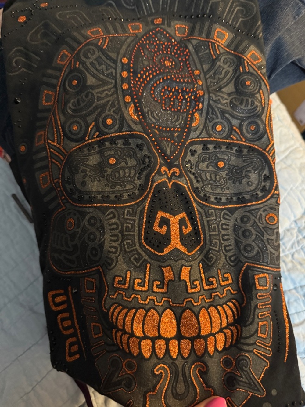 Karan-Art Men’s Dark Gray Graphic Skull Tee - Orange & Gray Accent size large